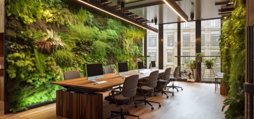 Modern office with green environment. Business building with ecology green. Generative AI.