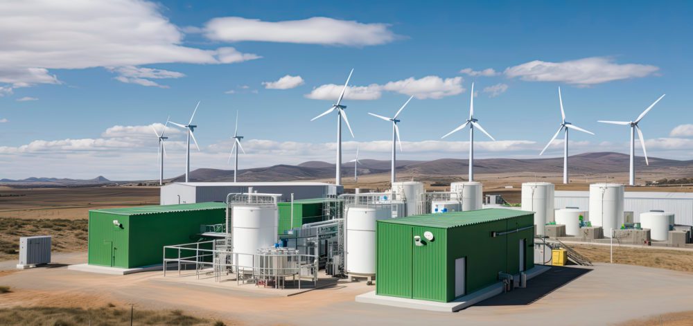 Green Hydrogen renewable energy production facility - green hydrogen gas for clean electricity solar and windturbine facility.Generative AI
