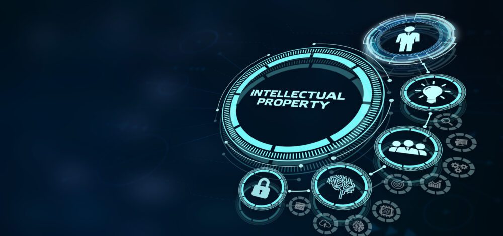 The concept of business, technology, the Internet and the network. virtual screen of the future and sees the inscription: Intellectual property