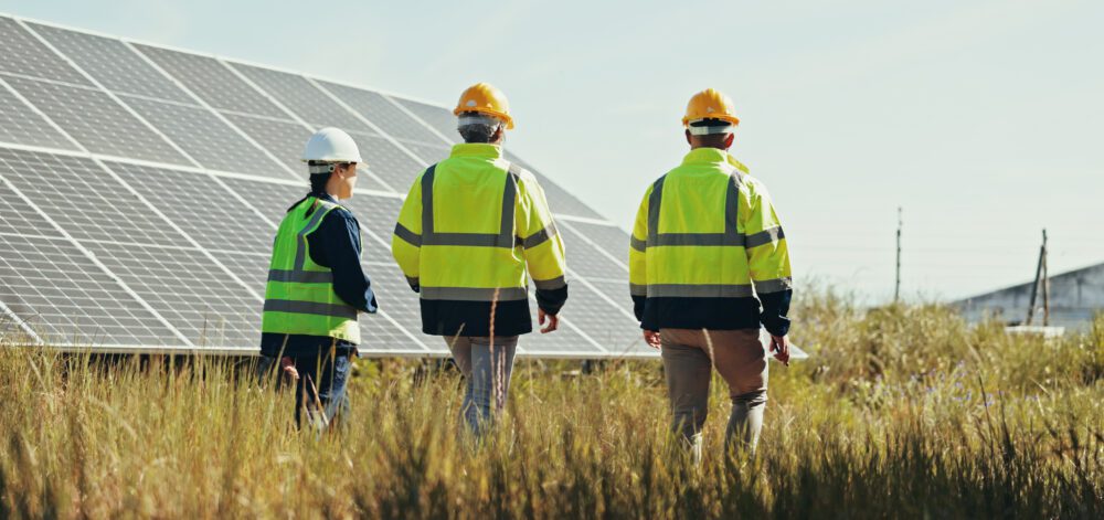 Solar panels, team and inspection with people in nature for photovoltaic grid, renewable energy or power generator. Sustainability, electric system or technician with engineer in outdoor for project.