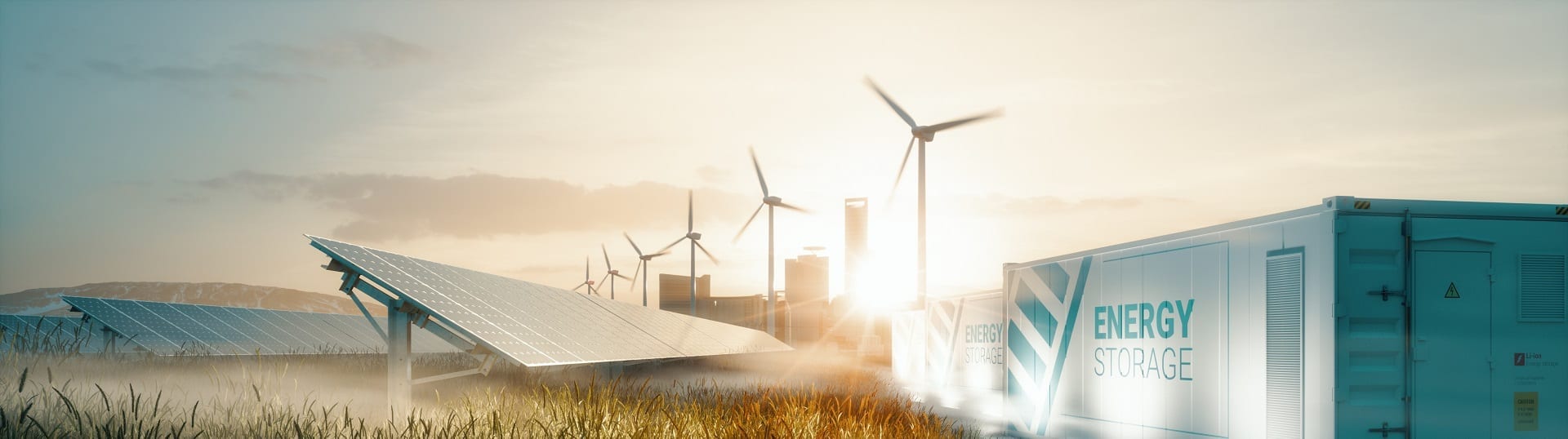 Smart grid renewable energy system solution for future smart cities at sunset. 3d rendering