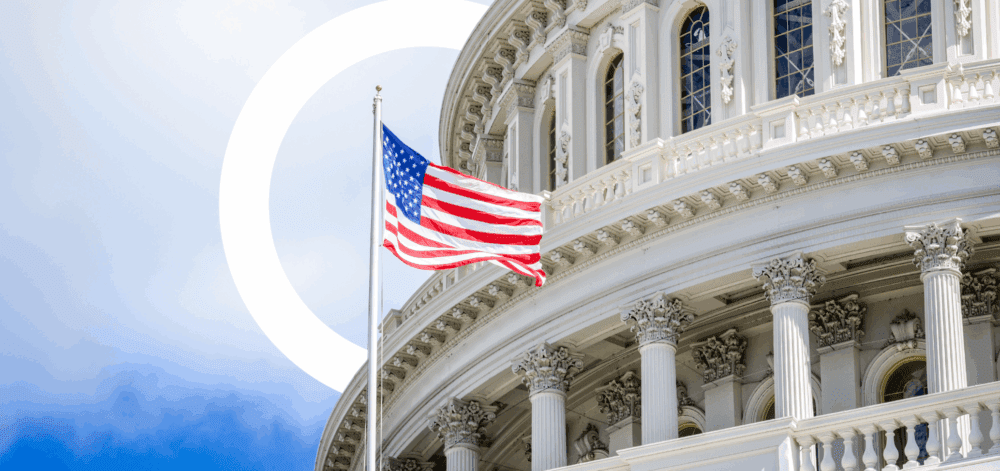 USA Capital building in Washington D.C. with American flag flying.